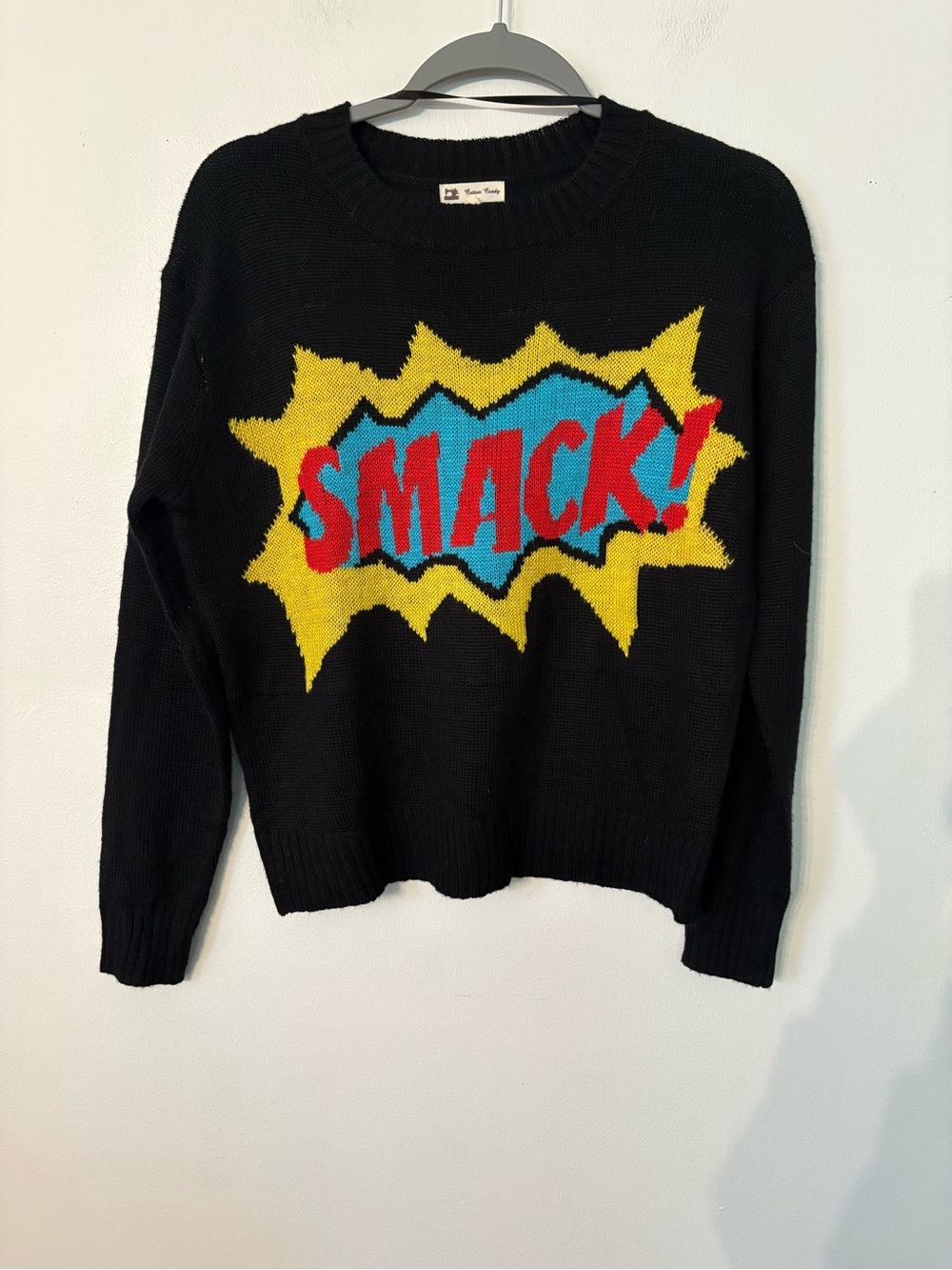 Cotton Candy Black Crewneck Sweater with Yellow, Blue & Red Graphic